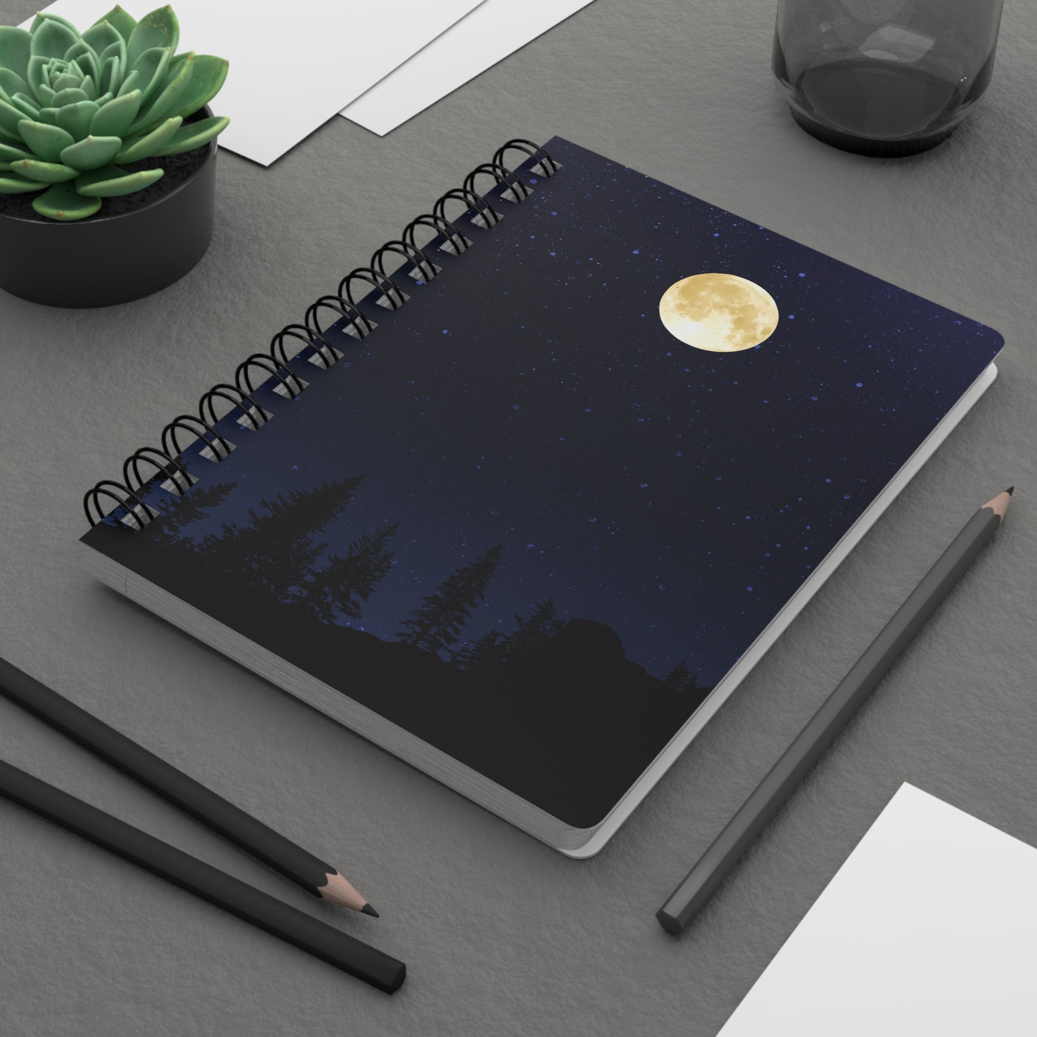 Moonlit Forest Spiral Journal — Lined Night Sky Notebook