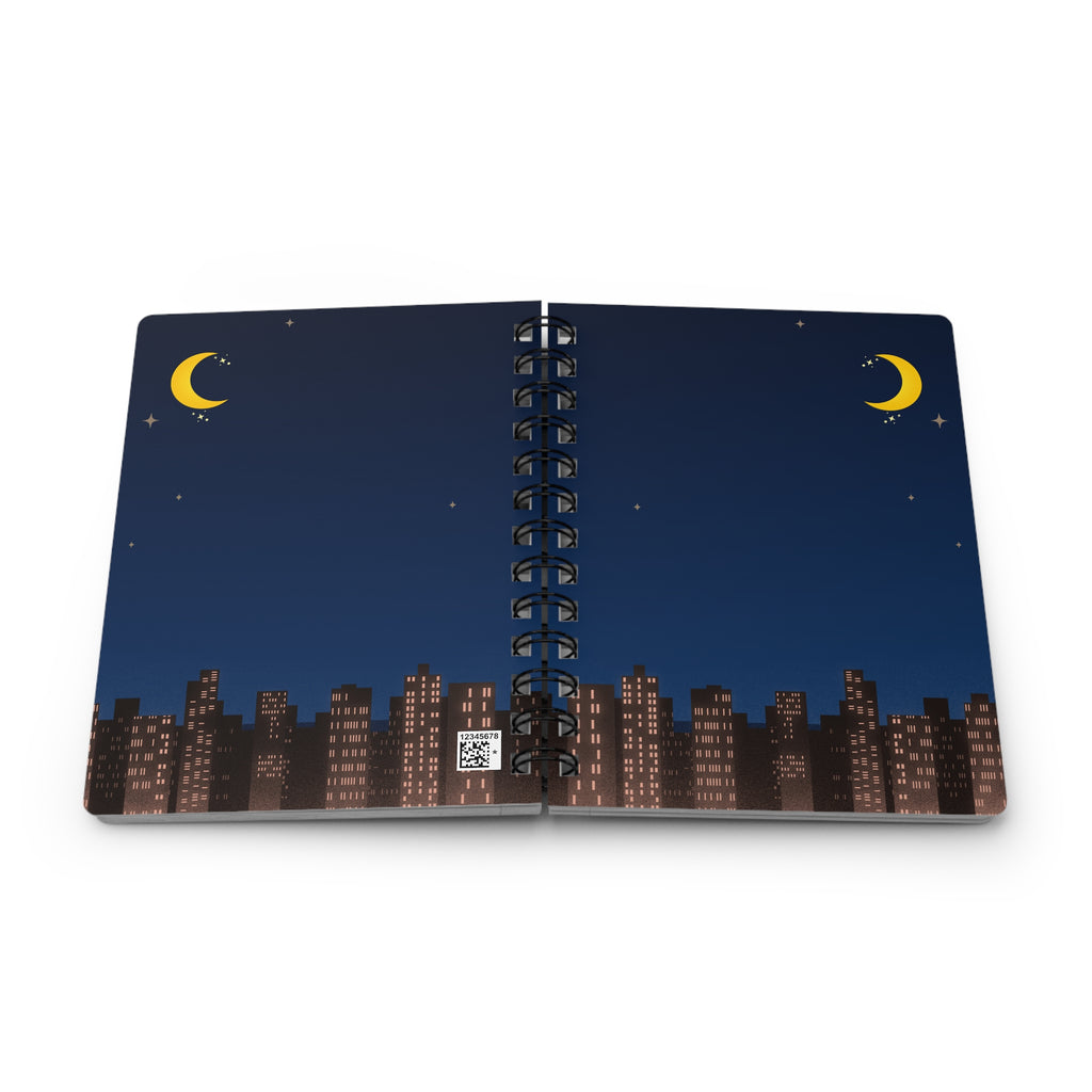 Night City Spiral Notebook — Crescent Moon Cityscape Journal