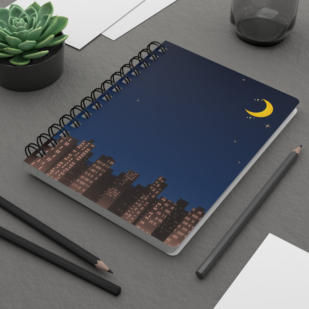 Night City Spiral Notebook — Crescent Moon Cityscape Journal