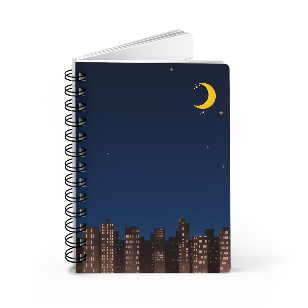 Night City Spiral Notebook — Crescent Moon Cityscape Journal