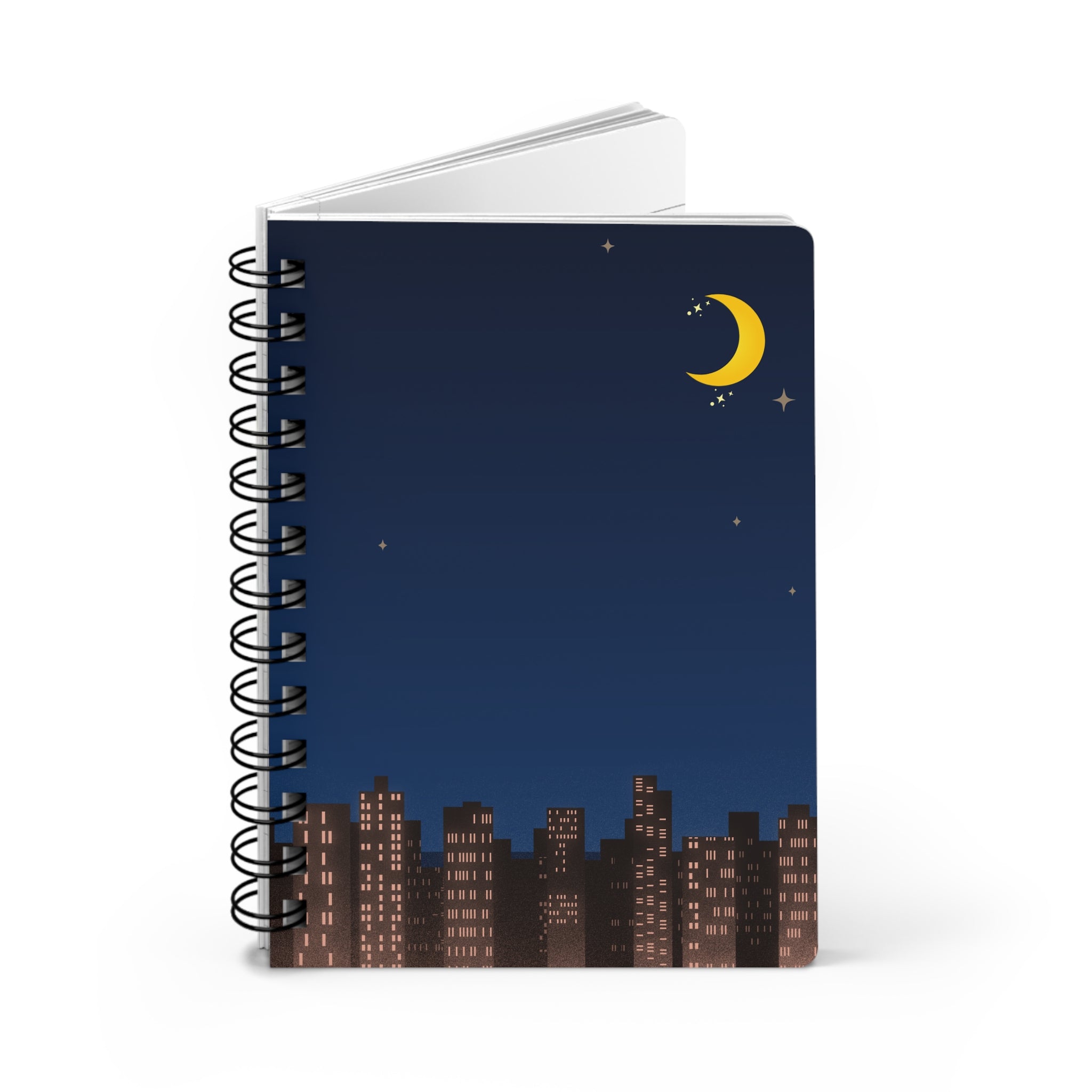Night City Spiral Notebook — Crescent Moon Cityscape Journal
